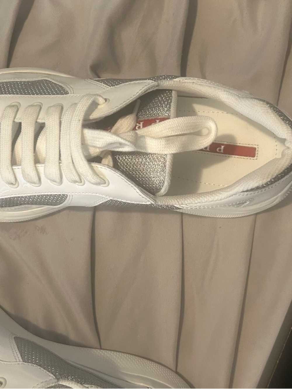Prada White Slip-On Sneaker with Silver Mesh and Red Logo - Picture 5 of 14